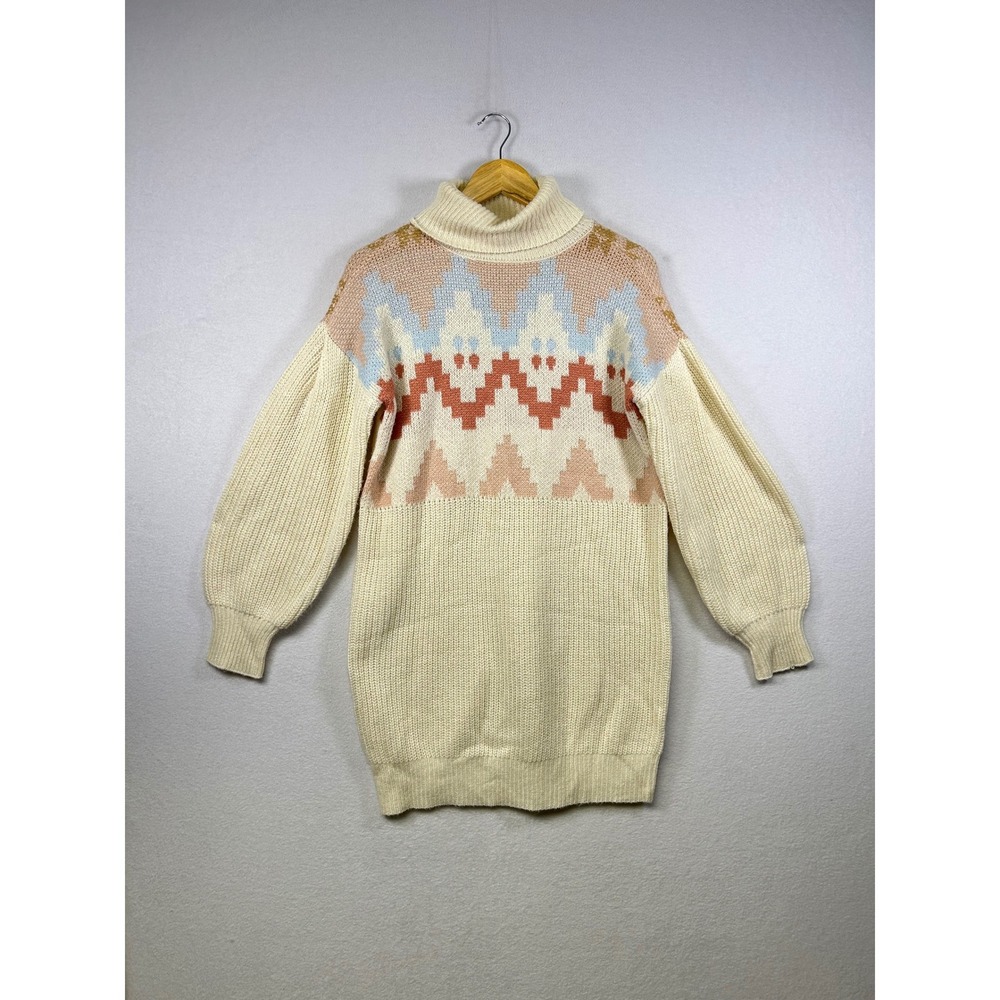 Fair Isle Geometric Turtleneck Sweater Dress Cream Puff Sleeve‎ XS